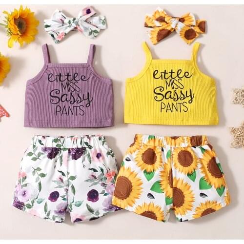 FOCUSNORM 1-5Y Summer Baby Girls Clothes Sets Sunflowers Letter Printed Sleeveless Vest Tops Shorts Headband