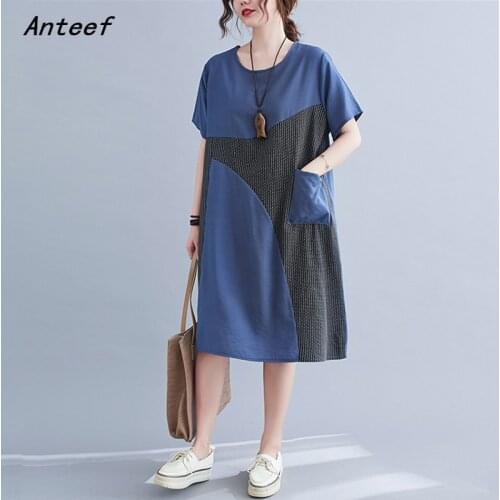 Short sleeve plus size cotton linen vintage plaid dresses for women casual loose midi woman summer dress elegant clothes 2021