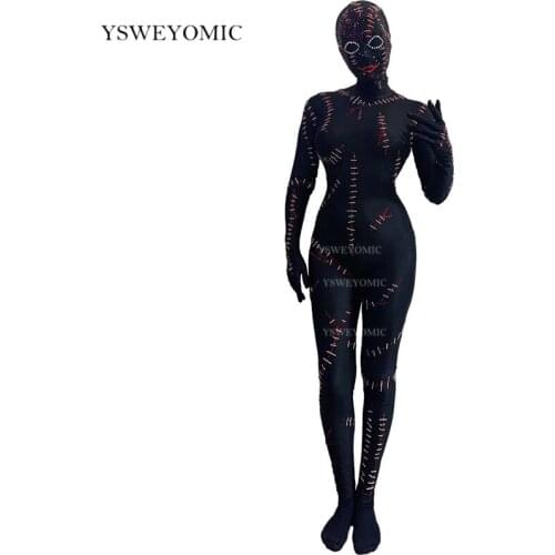 2020 Halloween Party Horror Cosplay Costume Ghost Role-playing Performance Spandex Jumpsuit Rhinestones Headgear For Women