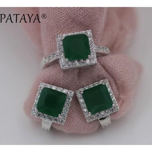PATAYA New Arrivals 11 Colors Square Green Natural Zircon Earrings Ring Sets Women Luxury True White Gold Wedding Jewelry Set