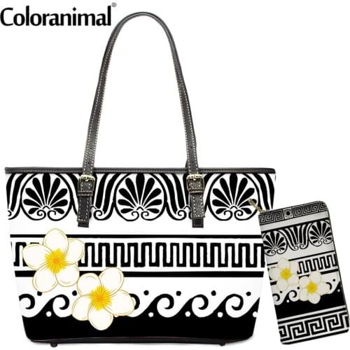 Coloranimal 2021 Women Leather Handbag Set With Wallet Tribal Plumeria Printed Shoulder Bag Leather Ladies Top-Handle Bag Totes