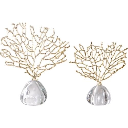 Creative Crystal Marble Coral Ornaments Living Room Desktop Plant Golden Alloy Coral Crafts Modern Home Decoration Accessories