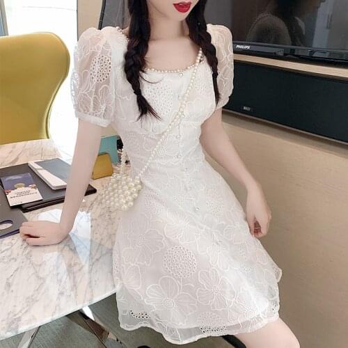 Mini Dress A Line Elegant Temperament Lace Square Collar Retro Short Sleeve Floral 2021 Summer French Ladies Fashion Mini Dress