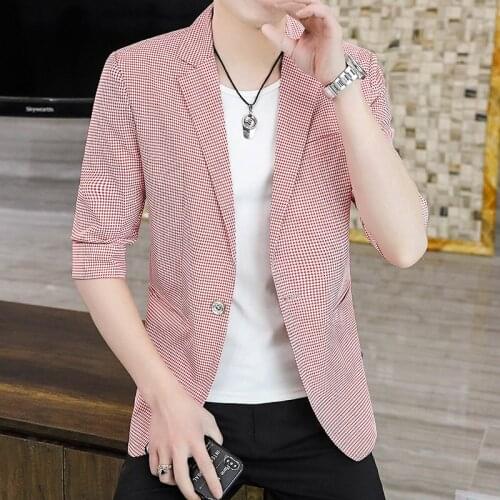 2021 Mens Summer Thin Mid Sleeve blazer Youth Slim Fit Fine Plaid Trendy Handsome blazer