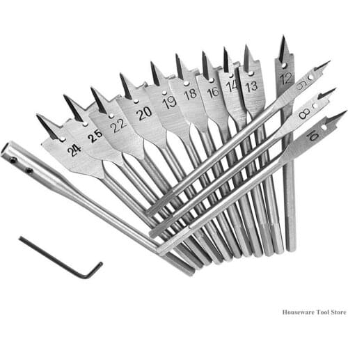 15Pcs/Set 6-25mm Flat Spade Drill Bit Set Carbon Steel Woodworking Spade Drill Bits for Wood Plastic Gypsum Board Plywood Tools