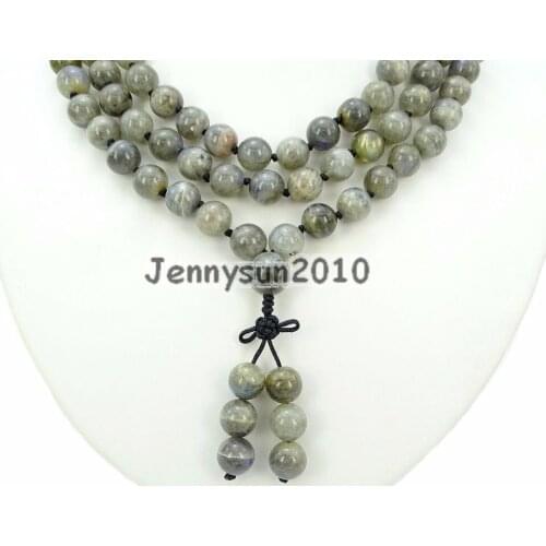 Natural Labradorite 10mm Gems Stone Buddhist 108 Beads Prayer Mala Knot Necklace Multi-Purpose 5Strands/Pack