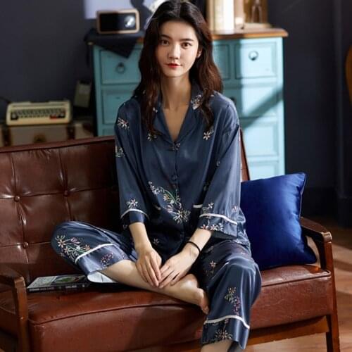 AIPEACE 2020 New Long Sleeve Pajamas Autumn Ice Silk Long Sleeve Trousers Suit Printing Fashion Pyjamas Set