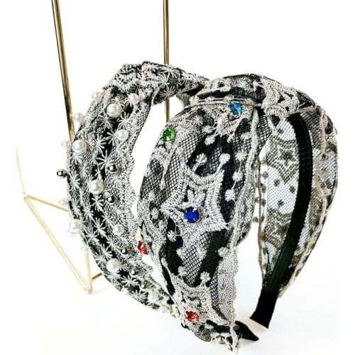 Korea New Artificial Pearls Women Hair Hoop Girls Pearl Hairband White Black Lace Knotted Headband Hair Accessories