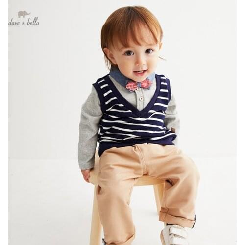 DB18673 dave bella autumn baby boys fashion removable bow striped print clothing sets kids boy casual sets children 2pcs suit
