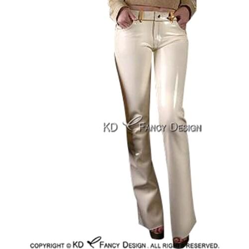 White And Golden Sexy Latex Jeans With Zipper Pockets Rubber Pants Leggings Trousers Bottoms CK-0064