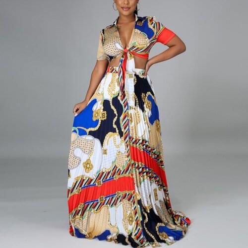 Sexy Dresses for Womens Crop Tops & High Waisted Skirts Pleated Printed Fashion Elegant Evening Night Party Club Vestidos Mujer