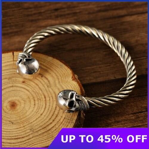 Real 925 Sterling Silver Men And Women Fashion Double Skull Open Ended Retro Thai Silver Bangle Punk Style Bangle for Men Gifts