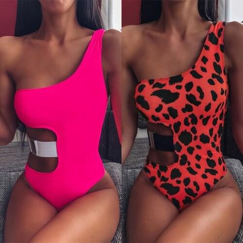 Sexy Leopard Hollow Out One Piece Swimsuit Women 2020 Push Up One Shoulder Swimwear Bathing Suit Summer Beachwear Monokini