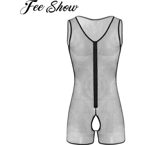 Mens Tank Leotard Bodysuit One-piece See Through Sheer Fishnet Lingerie Men U-neck Crotchless Front Zipper Jumpsuit Underwear