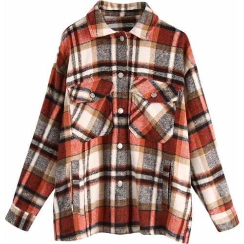 2021 New Women Fashion Oversized Plaid Jacket Coat Vintage Long Sleeve Pockets Female Outerwear Chic Tops