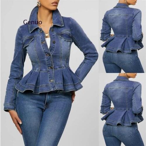 Women Denim Jacket Ruffle Hem Slim Fit Women Short Jeans Jackets Coat Vintage Turn Down Collar Denim Coat Outerwear Femme