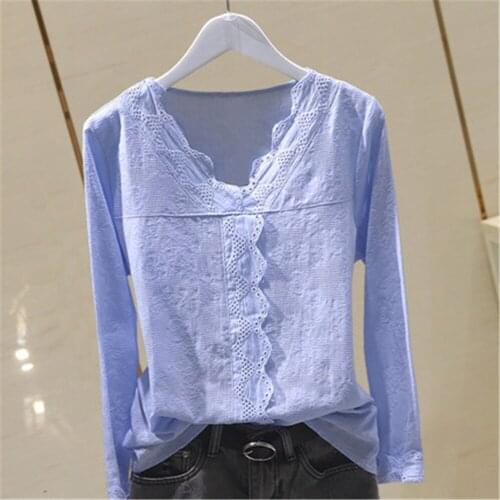 Korean New Lace Cotton Women Blouse 2021 Summer New V-neck Long-sleeved Slim Solid Lady Elegant Pulls Tops Top Quality ZY5630