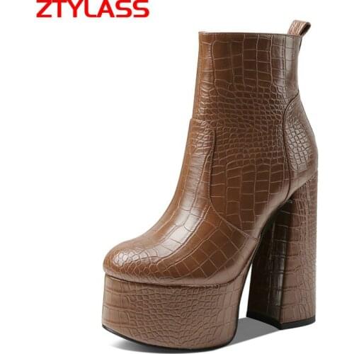 2021 Black White Brown Crocodile Print Ankle Boots Fashion Zipper Square High Heel Platform Shoes Autumn Winter Round Toe Shoes