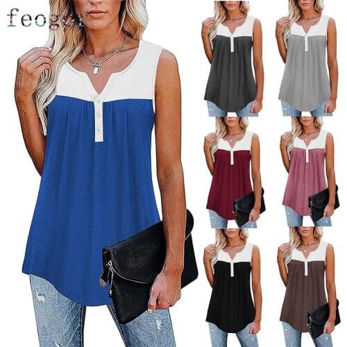 FEOGOR womens loose vest Plus size vest 2021 summer new pleated sleeveless womens V-neck button stitching womens vest T-shirt