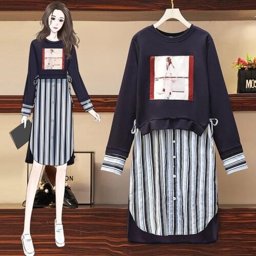 EHQAXIN Plus Size Women Print Sweatshirt Dress Autumn Long Sleeve Cotton Patchwork Striped Shirt Asymmetric Dresses L-4XL