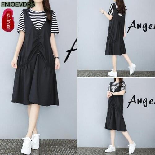 2021 Summer Women Patchwork Stripe Faux Two Piece Casual Loose Lazy Woman Plus Size Dress