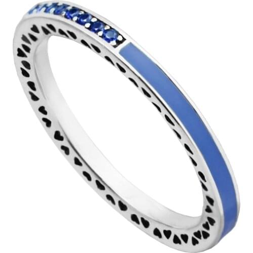 100% Authentic S925 Sterling Silver Radiant Hearts Blue Crystal Enamel Finger Rings For Women Elegant Fine Jewelry Wholesale