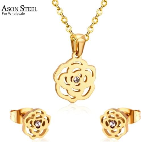 ASONSTEEL Bridal Jewelry Sets Stainless Steel Gold/Silver Color Romantic Flower Shape Pendants Charm Chain Necklace Earring Sets