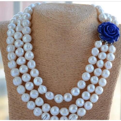 Free shipping 3strands 12mm almost round white screw thread freshwater pearl necklace AAA