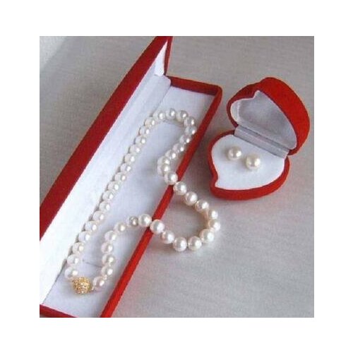 Free shipping luxury Noble jewelry GORGEOUS18"9-10MM AAA+ SOUTH SEA NATURALWhitePEARL NECKLACE Earring Set