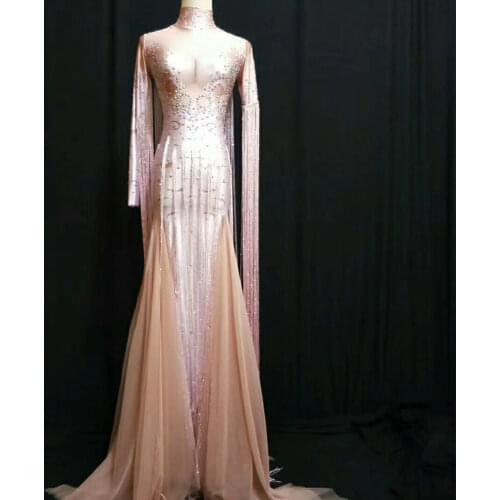Sparkly Rhinestones Pink Fringe Long Mermaid Dress Nightclub Singer Performance Stage Wear Birthday Prom Dancing DS Costumes