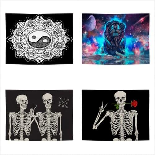 Bohemian Mandala Decorated with Skeleton Punk Rock Tapestry with Dark Moon