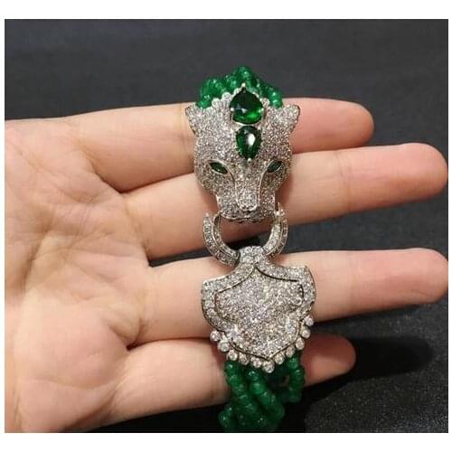 Fashion jewelry Handmade leopard head micro inlay zircon clasp 8row 2x4mm green stone multi-rows bracelet 8.5"inch