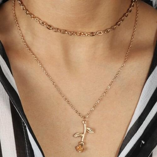 Double Layer Rose Pendant Necklace Simple Gold Silver Color Chain Choker Necklace Rose Flower Jewelry Women Girls Party Gift