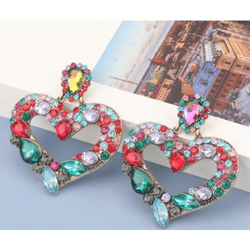 JIJIAWENHUA Fashion New Rhinestone Pendant Geometric Heart-shaped Ladies Earrings Wedding Dinner Temperament Accessories