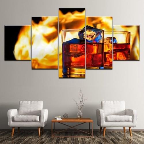 Canvas Painting Two cup of Black Whiskey 5 Pieces Wall Art Painting Modular Wallpapers Poster Print for living room Home Decor