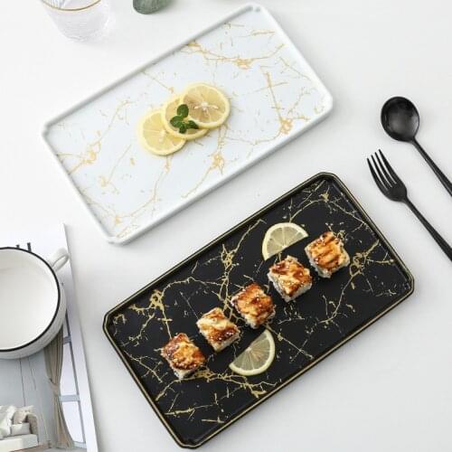 European Style Gold Marble Grain Ceramic Plate Rectangular Sushi Plate Home Creative Flat Plate Hotel Western Steak Plate