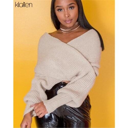 KLALIEN Autumn Fashion Sexy V neck Off Shoulder Solid Knitted Women Sweater New 2020 Multiple Ways To Wear Cross Pullovers Lady