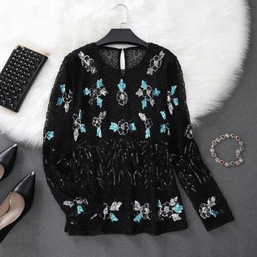 Fashion Women Vintage Lace Sequined Flower Pattern O-neck Net Yarn Beaded Petals Luxury Hollow Out All-match T-Shirt 7990