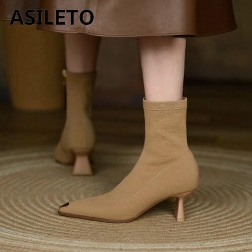 ASILETO Fashion Socks Women Boots Stretch cloth Zip Ankle Boots Pointed toe Women Booties Women Shoes 2021 New Spring Autumn