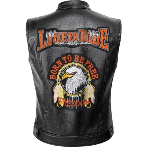 Mens Leather Cosplay Costume Motorcycle Vest Live To Ride Jacket Embroidery Rock Punk Vest Zipper Top Coat Sleeveless Jacket