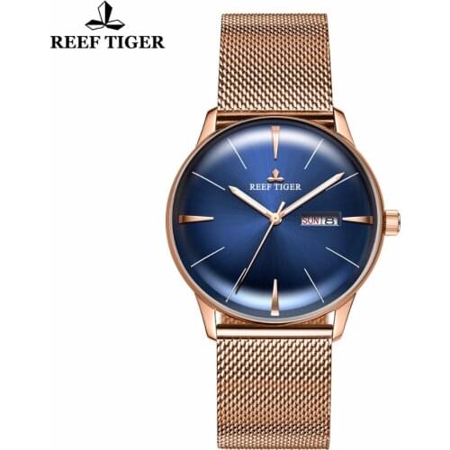 New Reef Tiger/RT Designer Watch Automatic Rose Gold Blue Dial Watches With Date Day Waterproof Stainless Steel Watch RGA8238