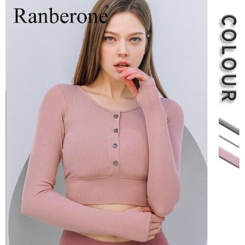 Ranberone Korean Style Yoga Clothes Long Sleeved Sports Top Fitness Clothes Women T-shirt With Chest Pad Fitness Gym Sportswear