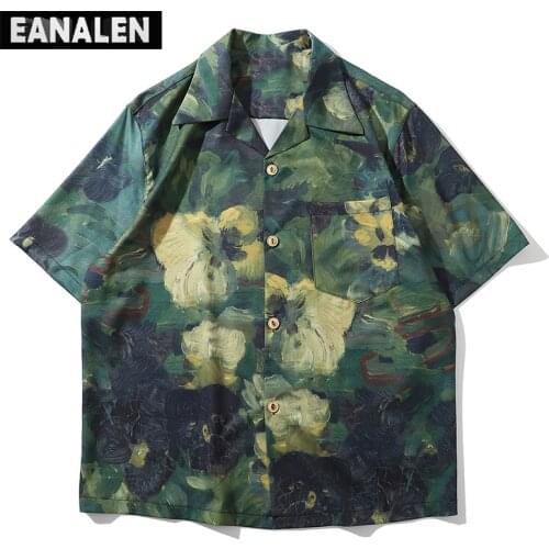 Summer men Harajuku oil painting button shirt vintage aesthetic graphic short sleeve shirt art abstract graphic Beach