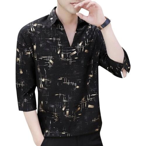 New Summer Mens Leisure Half Sleeve Shirt Ice Silk Shirt Print Middle Sleeve Top