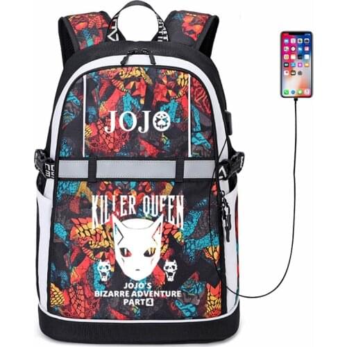 New JoJos Bizarre Adventure Backpack Cosplay Jonathan Anime USB Bags Man Women Oxford Reflective Stripe Schoolbag Travel Bags