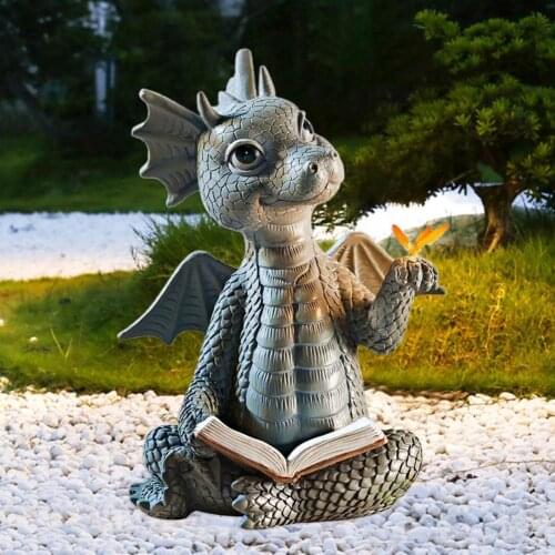 Garden Statue Realistic Decorative Resin Butterflies Baby Dragon Reading Book Sculpture Figurine for Garden drop shipping