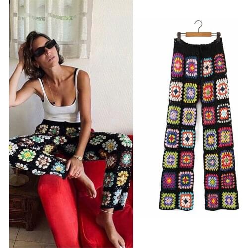 WESAY JESI Womens Clothes Pants Handmade Crochet Sexy Hollow Out Black Crochet Square Motif 4 Season Special Womens Pants
