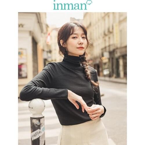 INMAN Spring Autumn Minimalism Solid All Matched High Collar Slim Pullover Women Snit Sweater