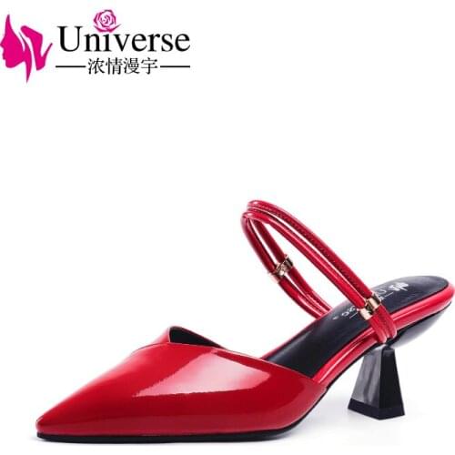 Universe Cow Patent Leather Mules Shoes Womens Slippers Strange Style Women Slippers Heel High 6.5cm Ladies Summer Mules J086