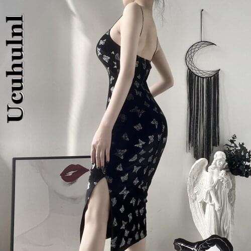 Ucuhulnl Spaghetti Straps Bodycon Long Dress Women Sexy Split Sleeveless Backless Butterfly Print Party Dress Female Maxi Dress